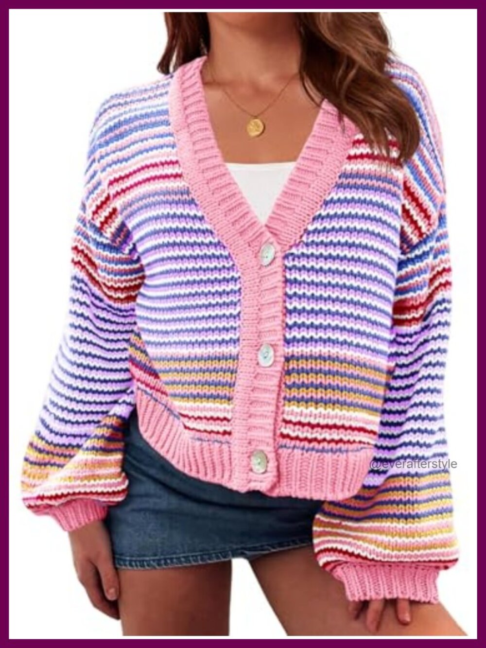 Acrylic Waffle Knit Cropped Cardigan Colorblock Long Sleeve Button Down